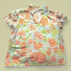 THML Short Sleeved Blouse Lt Blue/ Orange Floral Medium Rayon EUC